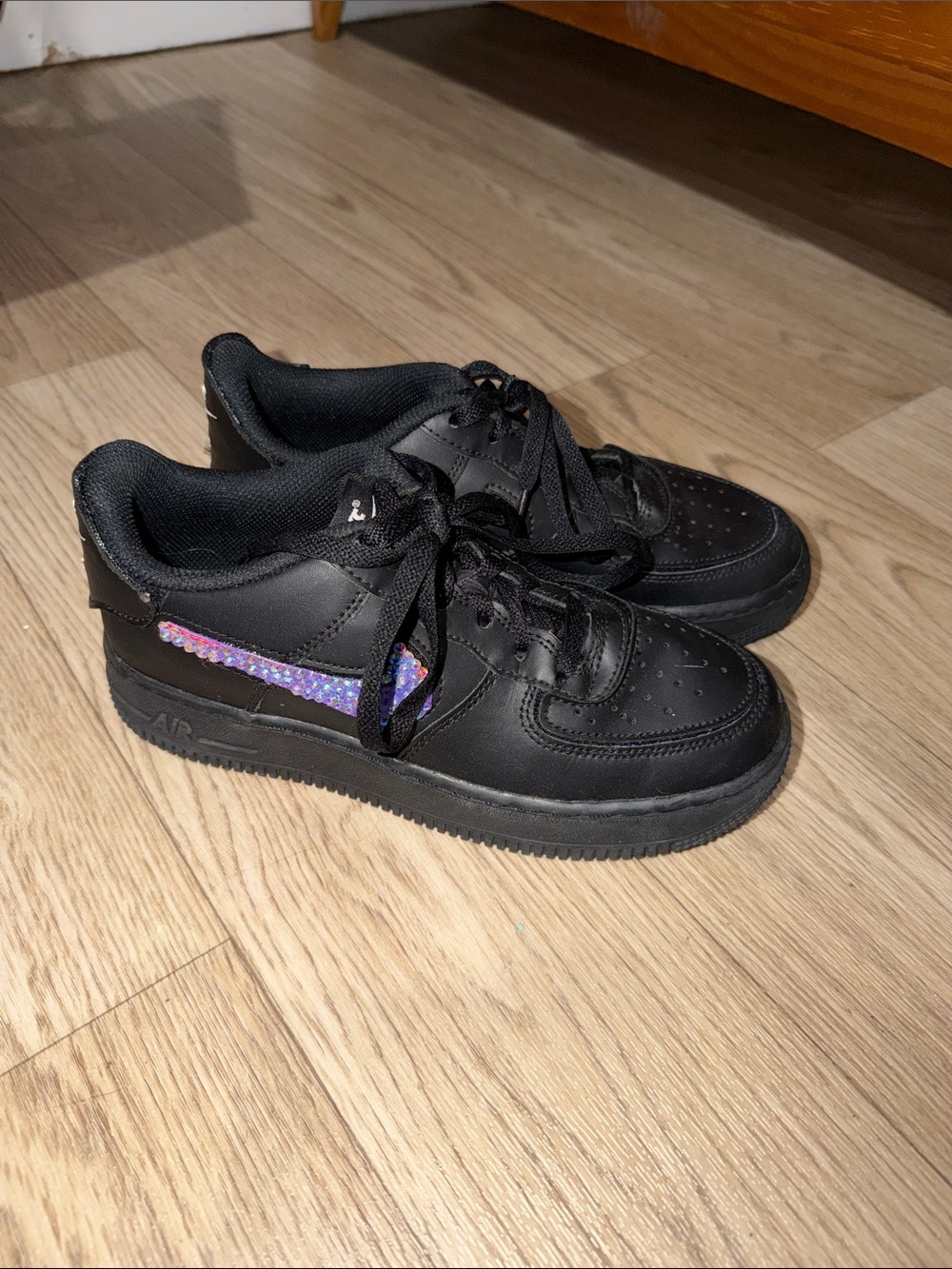 Nike AF1 Youth Black Sneakers with velcro Iridescent Purple Stoned Swoosh